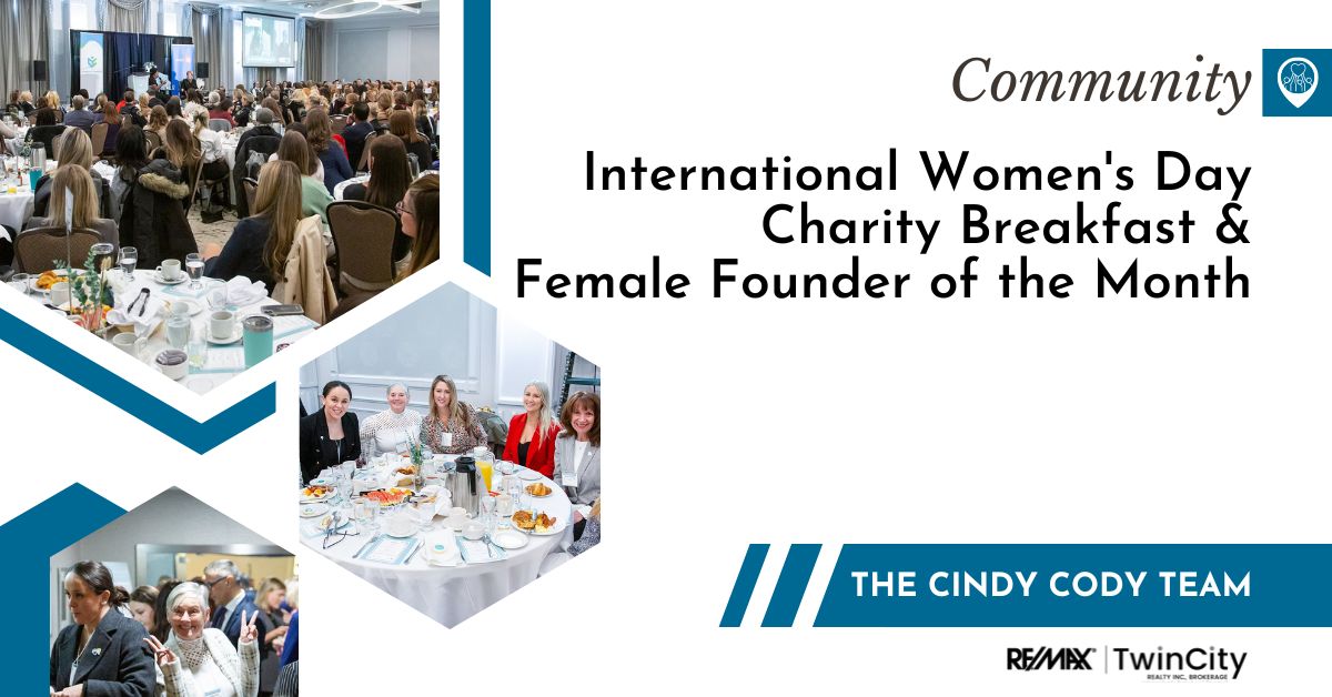 Photos of women at a breakfast table and in a large room of people. Text reading: Chamber of Commerce's International Women's Day Charity Breakfast & Female Founder of the Month
