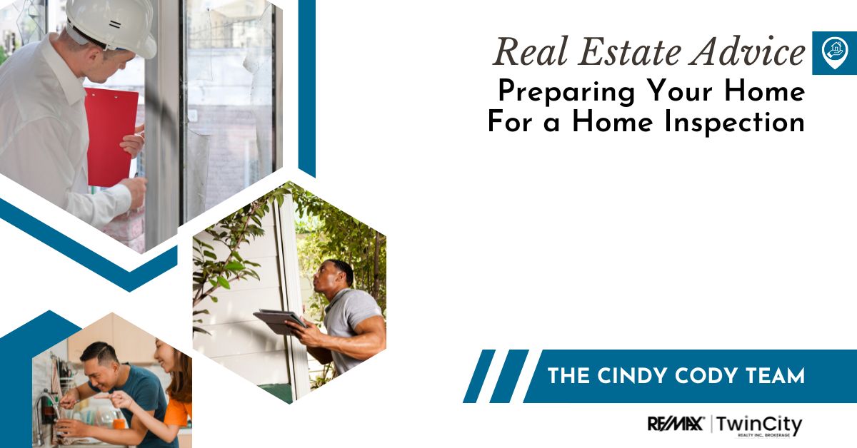 Image of a man in a hardhat and a clipboard looking at a door; image of a man with a clipboard looking at an eavestrough downspout; image of a man and a woman tightening a faucet; text reading: Preparing Your Home For a Home Inspection