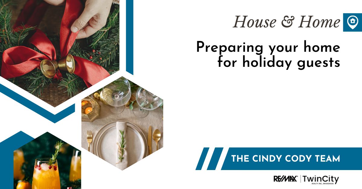 Text reading: Preparing Your Home for Holiday Guests; photos of a green wreath, holiday place setting, and a orange drink with cranberries