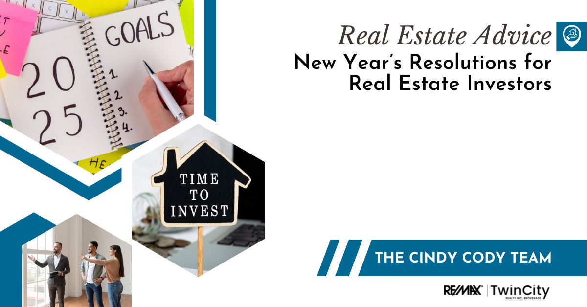 Text reading: New Year's Resolutions for Real Estate Investors. Photos ofa notebook, a house-shaped sign, and three people looking out a window.