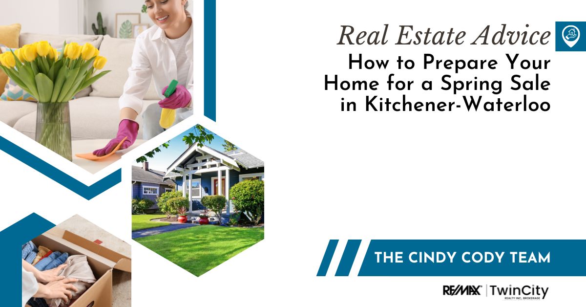 Text reading: How to Prepare Your Home for a Spring Sale in Kitchener-Waterloo. Images of a women cleaning a table. An image of a blue house. An image of clothes folded in a cardboard box.