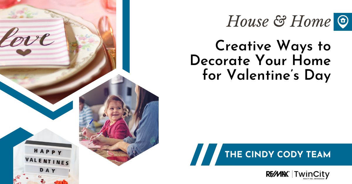 Text reading: Creative ways to decorate your home for valentine's day. image of a child smiling doing a craft, and an image of a pink plate that says "love"