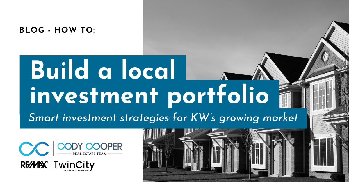 Text over a black and white photo of townhouses. Text reading: How to build a local investment portfolio. Investment strategies for KW's growing market.