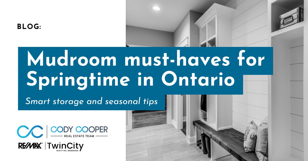 Text reading: Mudroom must-haves for Spring time in Ontario. Smart storage and seasonal tips. A black and white photo of a mudroom bench with hooks.