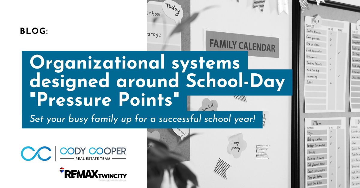 Text reading: Organizational systems designed around School-Day "Pressure Points". Set your busy family up for a successful school year.